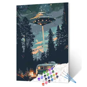 Tucocoo UFO Space Adventure Paint by Numbers Kit, Retro Sci Fi Alien Spaceship Forest Camping Van Night Sky DIY Acrylic Paint by Number for Adults and Beginners, Stress Relief Art Craft, Home Wall Decor Gift, 16x20inch (40x50cm)