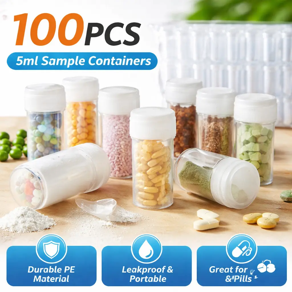100Pcs 5ml Clear Plastic Vials with Leakproof Caps - Tool Organizer Small Containers for Medication, Powders - Home, Travel Storage
