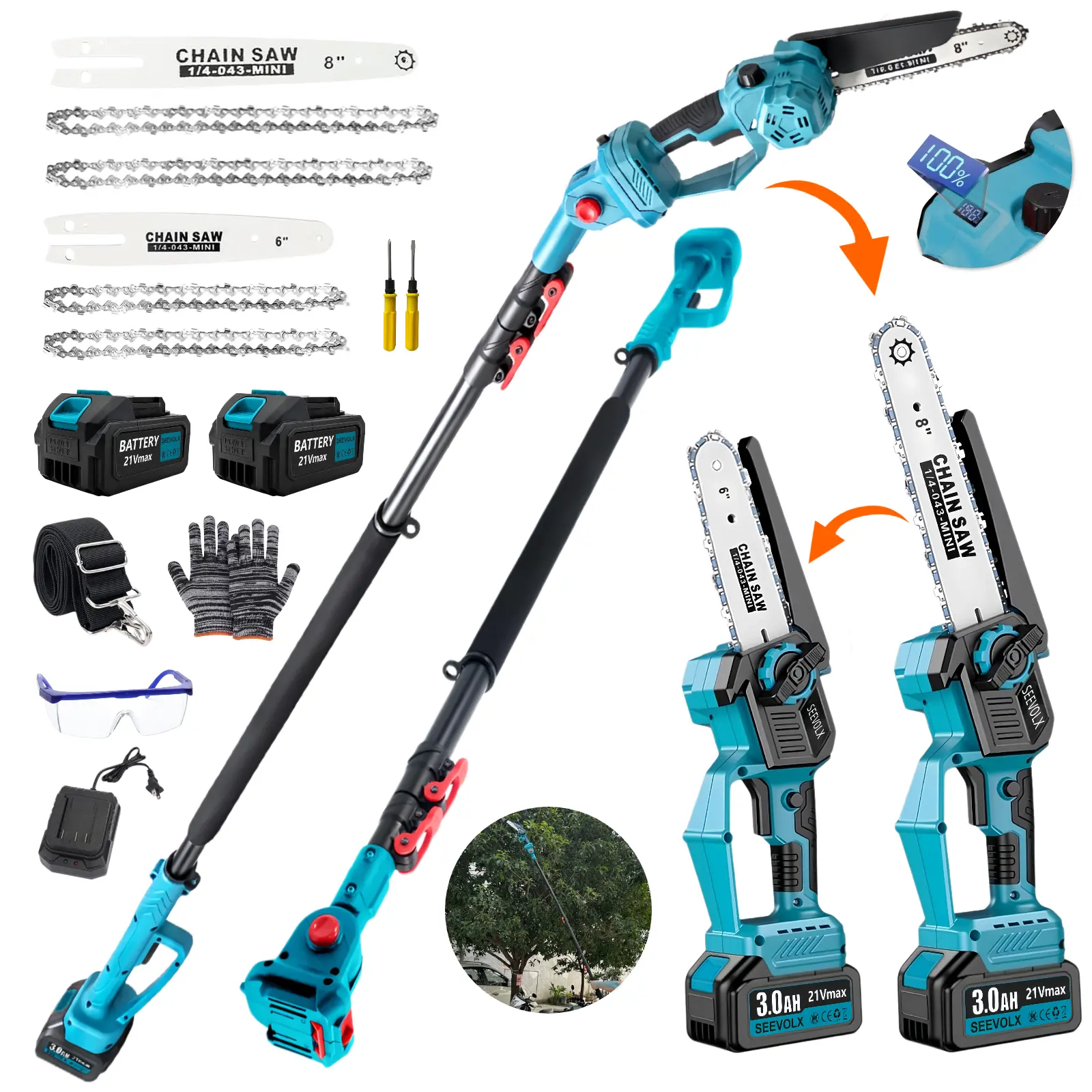 【Newly Upgraded】SEEVOLX 3-in-1 Cordless Pole Chainsaw with 2 Batteries, 9.93ft Reach, 6" & 8" Blades, 180° Angled Head, Abs, Gloves, Shoulder Strap for Tree Trimming & Gardening