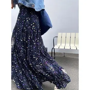 Elegant flower print A-line skirt, spring and summer elastic waist skirt, fashionable women's clothingRAIMENTRY