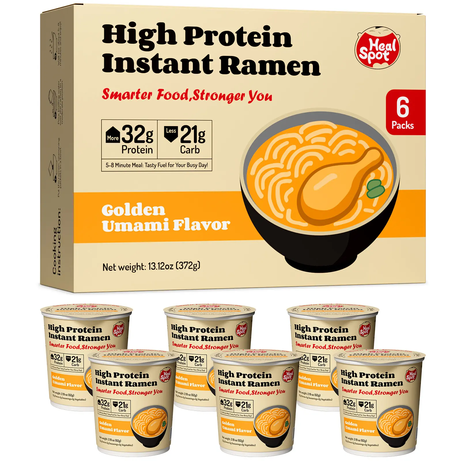 Healspot High Protein Instant Ramen Cups Food - 6 Cups, 32g Plant-Based Protein, Non-Fried, Low Carb, Golden Umami Flavor Instant Food