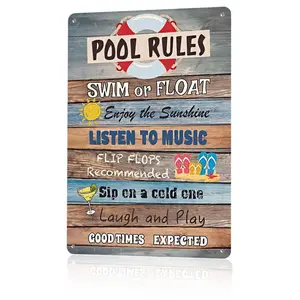 Pool Rules Swim Or Float Enjoy The Sunshine Metal Sign 12x8 In Aluminum, Vintage Summer Pool Party Tin Sign for Backyard, Patio, Outdoor Decor, Retro Beach Wall Art