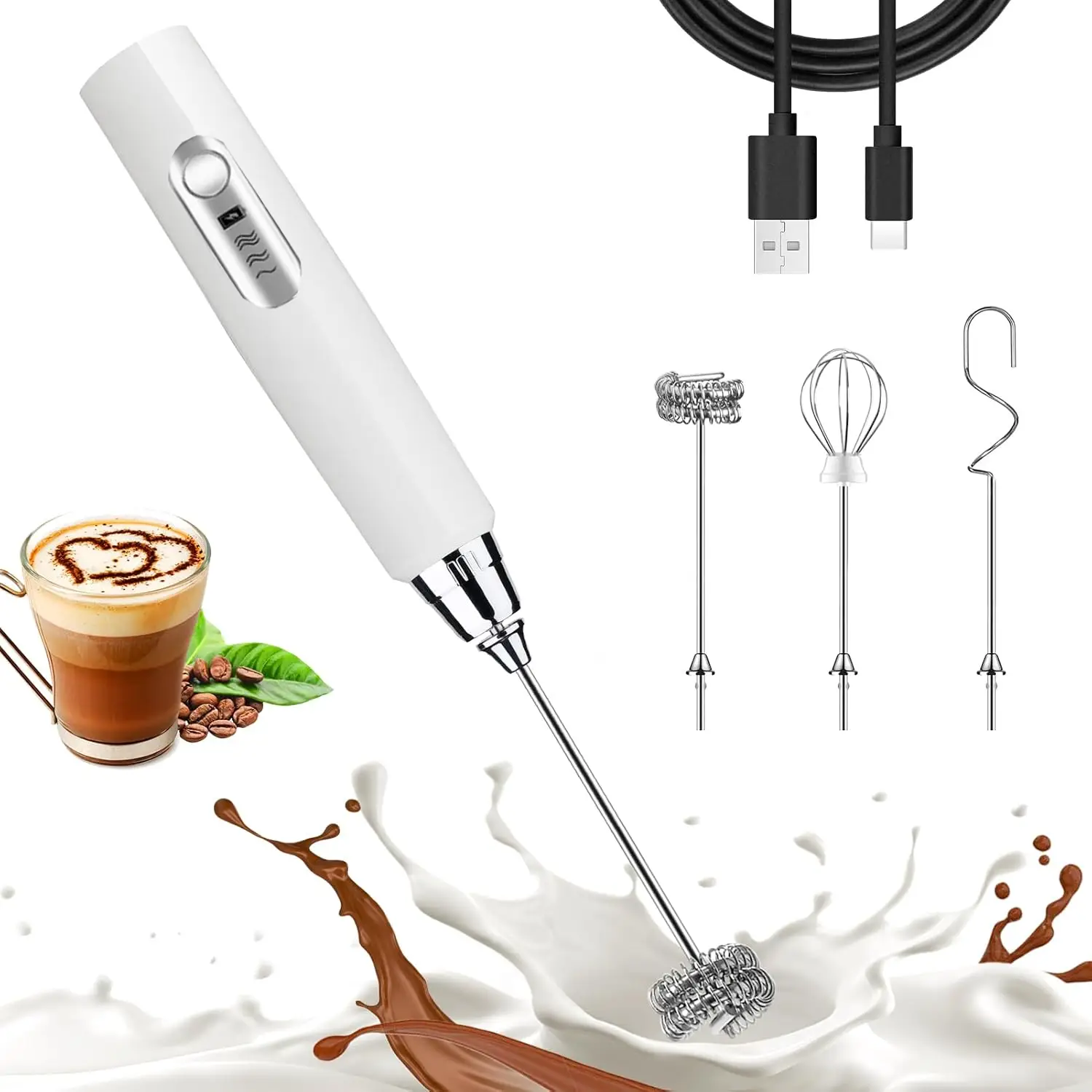 Rechargeable Handheld Electric Milk Frother Wand with 3 Detachable Whisking Heads & 3 Speed Settings for Latte Cappuccino Hot Chocolate Egg Creamer Ma
