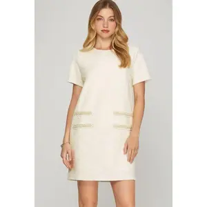She + Sky Full Size Short Sleeve Pearl Studded Trim Knit Tweed Dress Plus Size