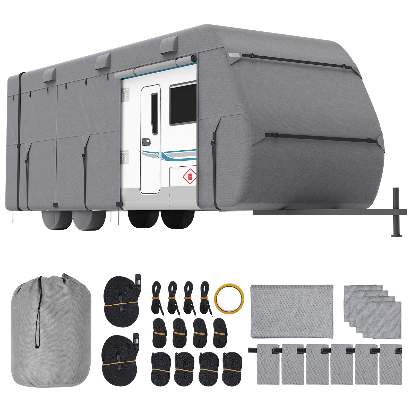 【Summerfinds】VEVOR 24-27 ft Class A Travel Trailer Cover, 4-Layer Breathable Non-Woven Fabric, Waterproof, Windproof, Rip-Stop, 4 Tire Covers, Storage Bag, Repair Patches, Straps, Double-Sided Tape, Car Accessories, Multi-Layers