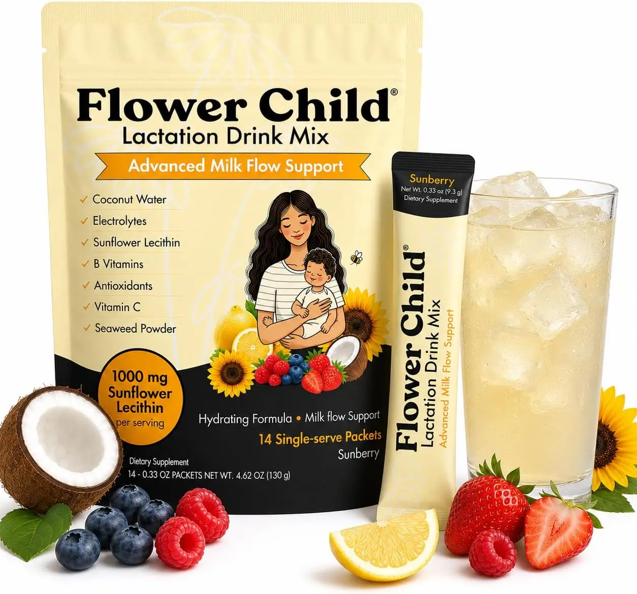 Flower Child Lactation Drink Mix for Breastfeeding Moms, 1000 mg Sunflower Lecithin, Electrolyte Powder with Coconut Water & Vitamins B6, B12 & C, Hydration Milk Flow Support, 14 Stick Packs