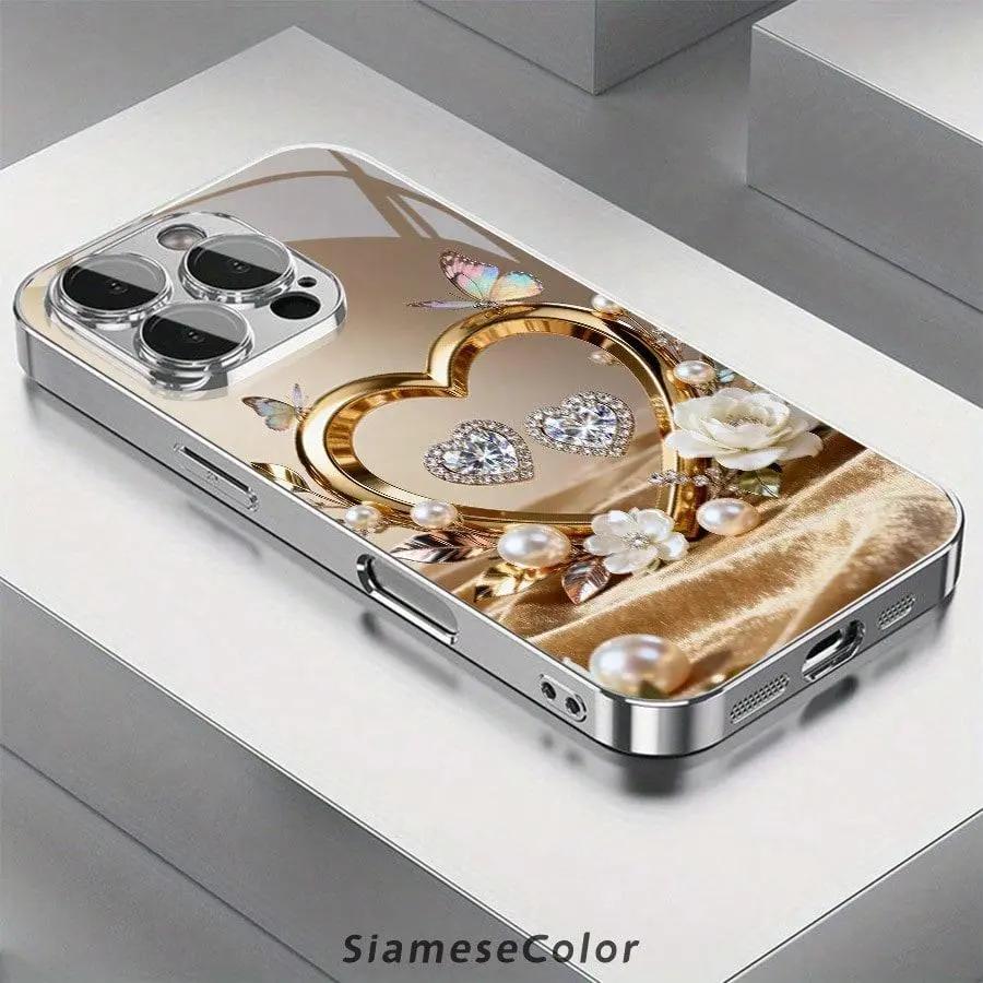 Diamond Heart Butterfly 2D Pattern glass phone case for iPhone Air 17 16 Pro Max 15 14 PLUS 13 12 11 Samsung Galaxy S25 s24 s23 s22 Ultra FE ,Full Body Protections Shockproof Cover Creativity Fashion 11-16 furry luxury design Black 2025 creative unique