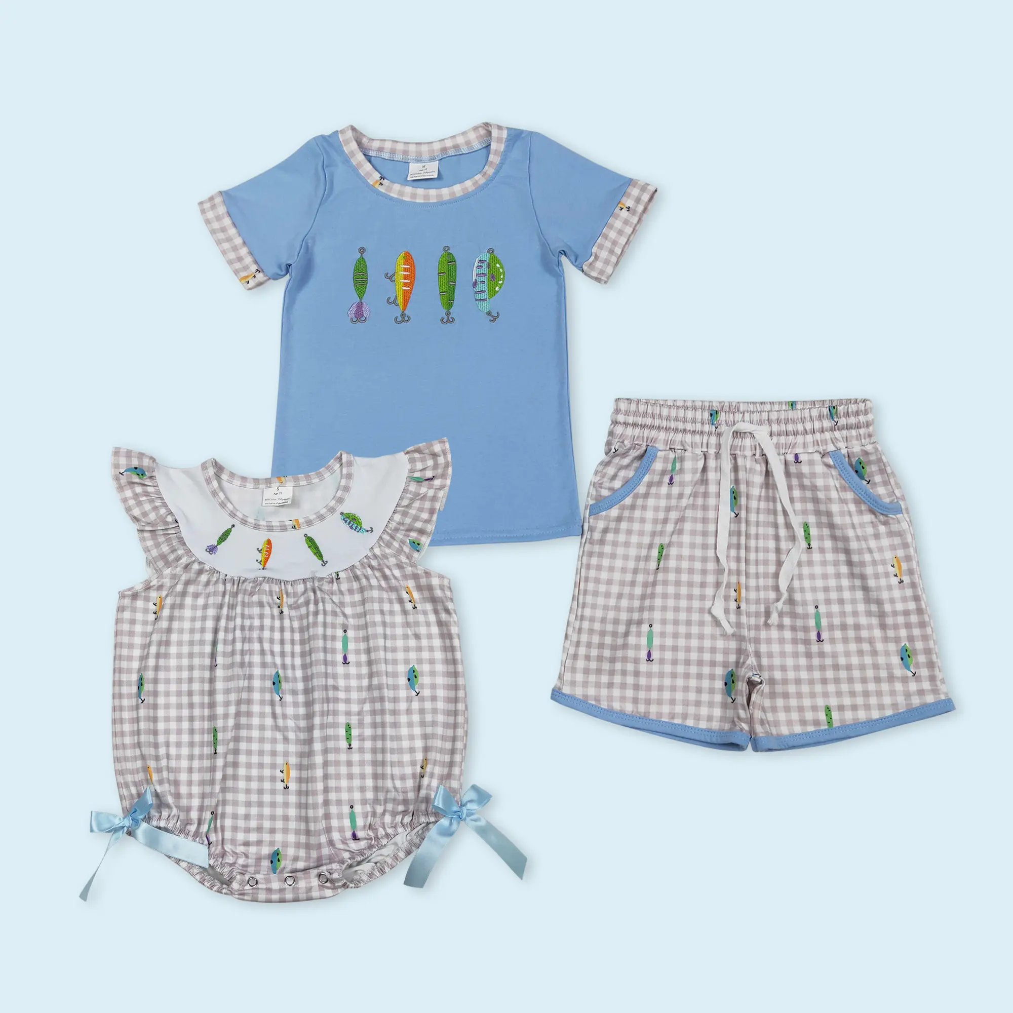 Embroidery fishing short sleeve top matching shorts boy summer outfits