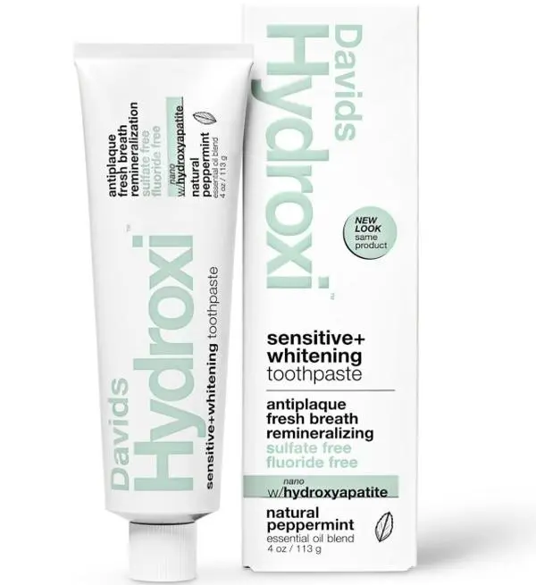 Davids Hydroxi Fluoride Free Nano Hydroxyapatite Toothpaste for Remineralizing, Sensitive Support, Whitening, Antiplaque, SLS Free, Natural Peppermint, 4oz, Made in USA
