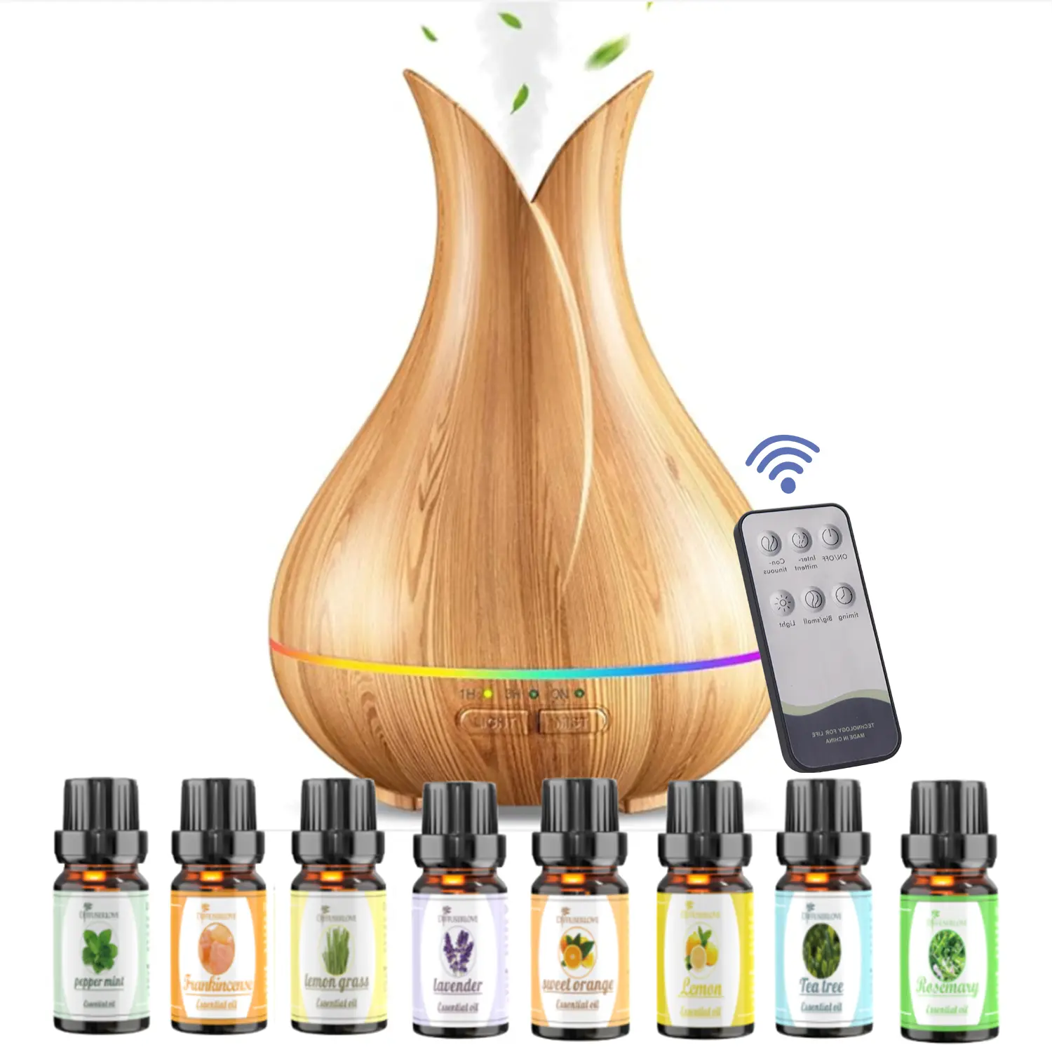 400ml Cool Mist Humidifier & Essential Oil Diffuser Kit with 8 Essential Oils, Remote Control, Whisper-Quiet Mist for Home, Bedroom, Spa