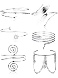 Elegant 6 Pcs Silvery Coil Upper Arm Cuffs Open Arm Bracelets for Women Men Gorgeous Bangle Stretch Bracelets Adjustable Armband Set Stackable Bracelets Trendy Bangles