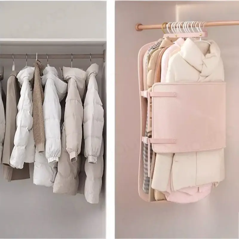 Clothing compression storage board, foldable protective cover. Hangs in closet for down jackets, suits, wedding dresses. Snap-fastener compression bag