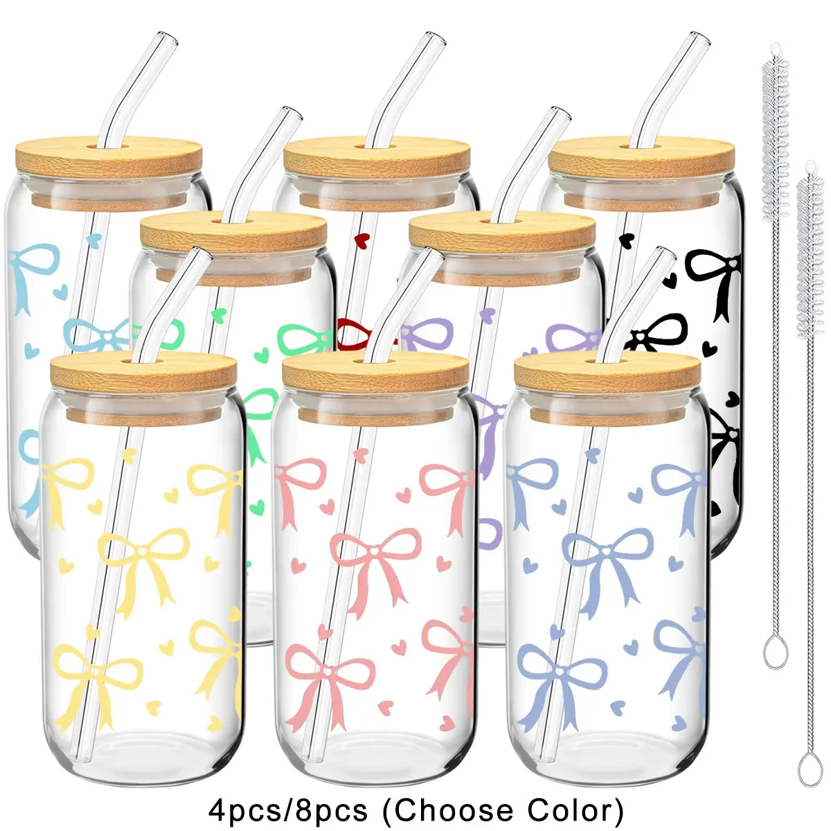 4/8/12 Pack Bow&Heart Pattern Glass Cups with Lids and Straws, 16oz Reusable Iced Coffee Cups, Glass Tumblers, BPA Free Drinkware