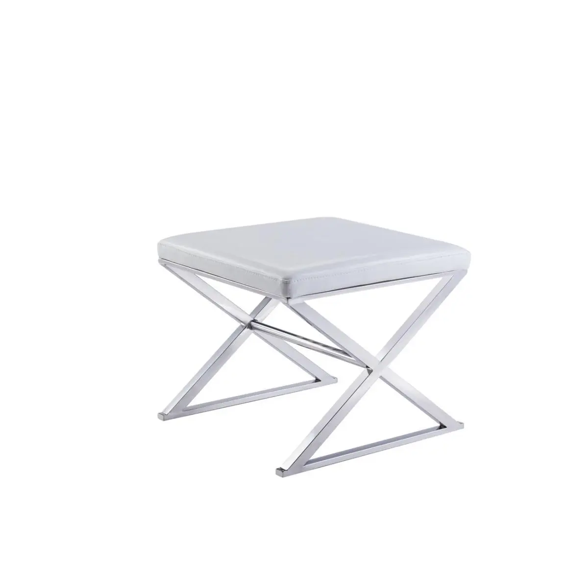 212 MAIN Pasargad Carpets Faux Leather Single Seat Bench - White, Indoor Use, Contemporary Home Decor, Cross Legs, Stainless Steel, 16 lbs, 16.5" h x 19.7" w x 19.7" l, Luxurious Auxiliary Seating, Metallic Finished Cowhide, Square Seat