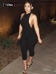 Women's Solid Backless Halter Jumpsuit, Casual Comfy Ribbed Sleeveless  Jumpsuit for Summer, Ladies Clothes for Daily Wear, Womenswear