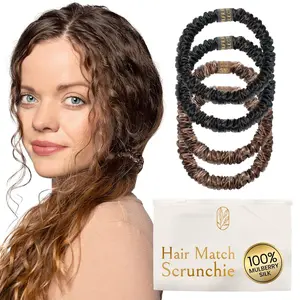 Mulberry Silk Skinny Hair Match Scrunchies for Women, Anti-Breakage Hair Ties for Curly, Thick & Thin Hair,  Silk, Satin Hair Scrunchies for Buns & Ponytails, Brown/Medium/Deep Brunette, 4-Pack