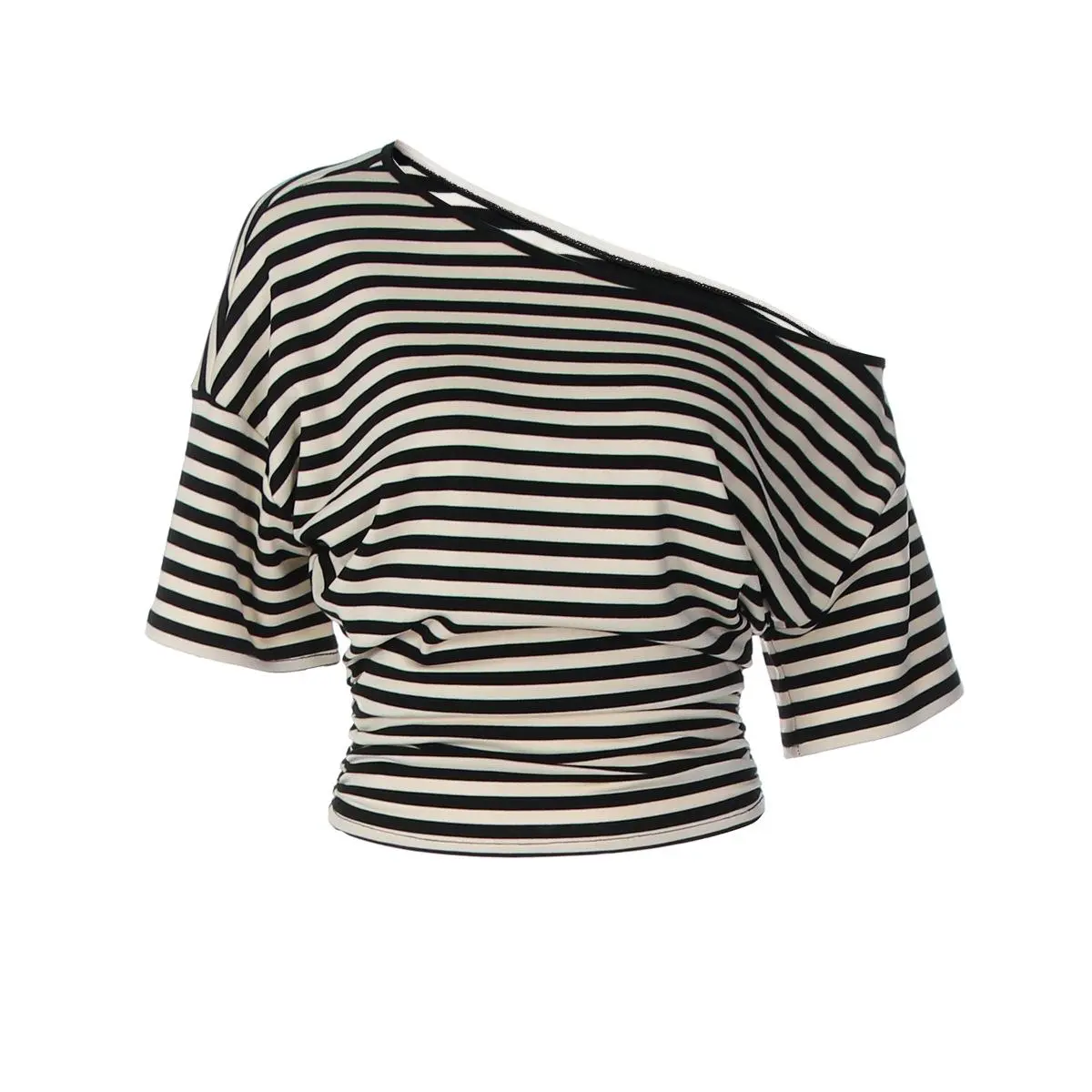 Women's Striped One-Shoulder Twist Front Crop Top, Short Sleeve Asymmetrical Casual Tee, Summer Wear