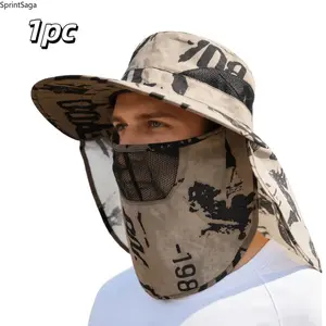 Unisex Large Brim Camouflage Outdoor Bucket Hat - 1Pc, Removable Mask, Shawl Design, Breathable Mesh, Multi-Color Options, Suitable for Fishing, Hiking