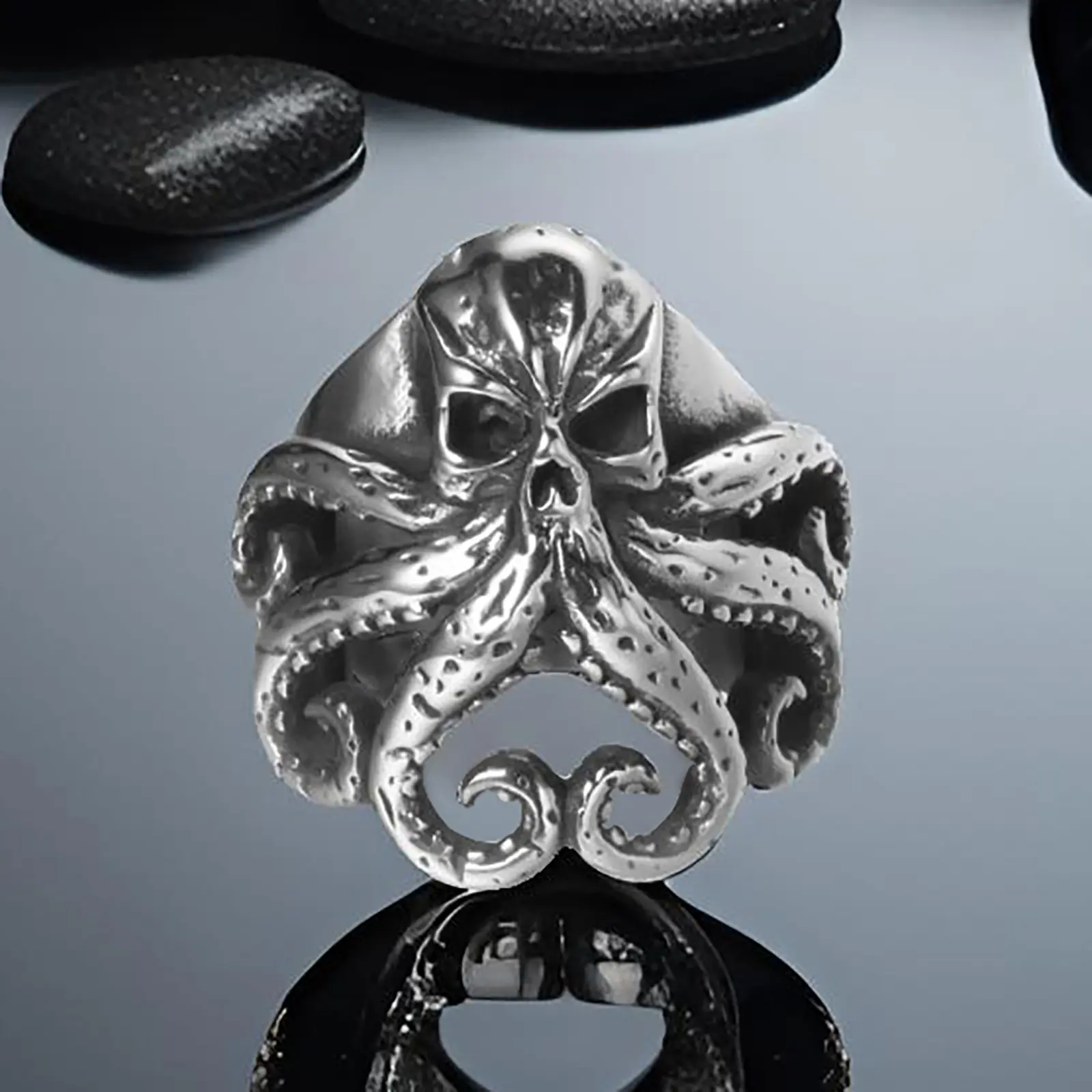 Men's Hypoallergenic Stainless Steel Ring with Tentacles - Retro Gothic Punk Cthulhu Pirate Jewelry, Silver & Black, Sizes 8-13, Ideal for Graduation, Boyfriend Birthday, Party Wear