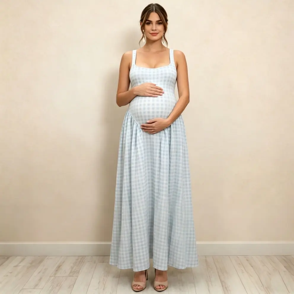 Women's Maternity Sleeveless U-Neck A-Line Plaid Tank Maxi Dress - M, Corset Detail, Bump-Friendly Outfits, Modest, Above-Ankle, Polyester, Prop 65 Safe, Wedding Guest Evening Wear, Maternity Outfits