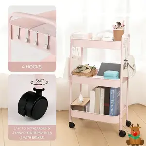 3-Tier Metal Rolling Storage Cart with Lockable Wheels Multifunctional Utility Organizer for Kitchen Bathroom Office Bedroom & Baby Essentials Pink Utility Cart