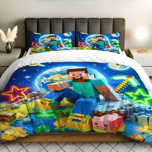 3PCS Duvet Cover Set, 1 Duvet+2 Pillowcases(Without filler), Minecraft Earth Stars Blocks theme, Christmas bedding set, Gamer Adventure Pixel Art Suitable for decoration bedroom, guest room, dormitory, gaming room.