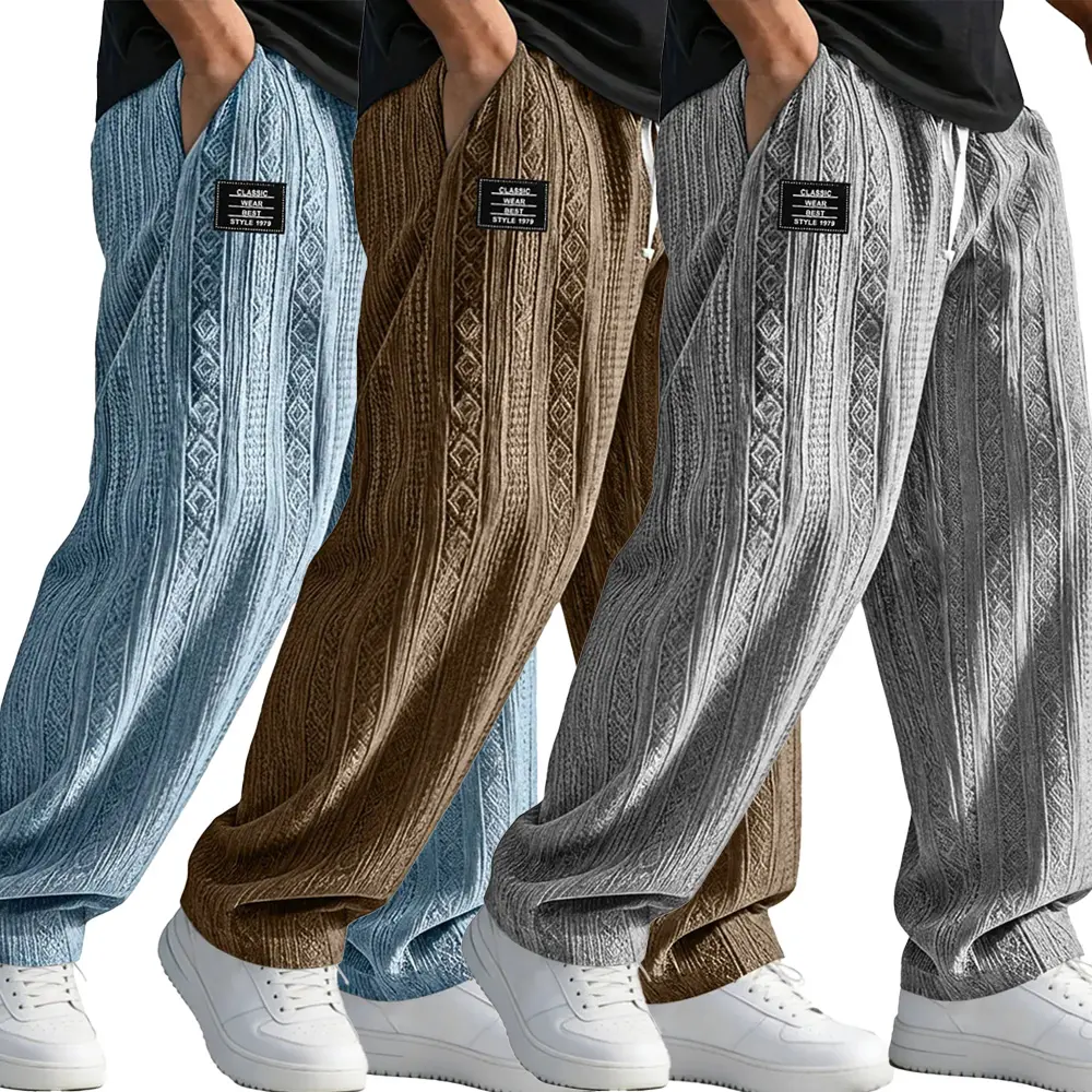 Men’s Knitted Jacquard Pants, Loose Fit Wide Leg Drawstring Casual Trousers, Textured Streetwear Sweatpants for Summer Outdoor Activities & Daily Wear
