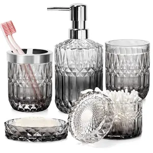Bathroom Accessories Set, 5Pcs Bathroom Soap Dispenser Set, Glass Bathroom Accessories with Glass Soap Dispenser, Soap Dish, Toothbrush Holder, Tumbler, Cotton Swab Jar (Gradient Clear & Black)