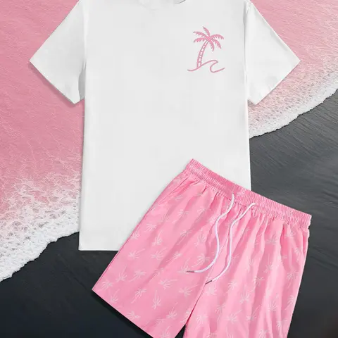 Men's Regular-Fit Tropical Palm Tree Print Round-Neck Tee and Drawstring-Waist Shorts Two-Piece Matching Set, Casual Short-Sleeve T-Shirt and Shorts Summer Resort Wear for Beach Vacation Outfit Sets