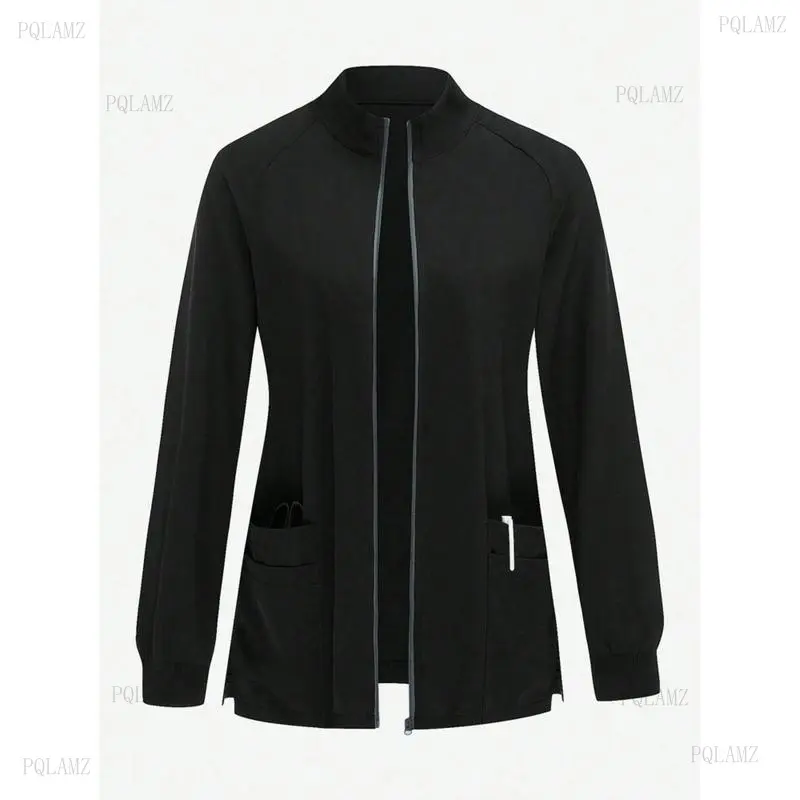 (New)2026Solid Color Zipper Pocket Long Sleeve Uniform Jacket Long Sleeve Pocket Front Zip Up Fitted Jacket Set Scrub Set Nurse Dresses Scrub Tops Scrub Bottoms Lab Coats Scrub Outwear