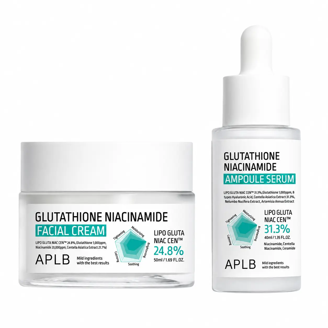 APLB LIPO GLUTA NIAC CEN 24.8% Glutathione Niacinamide Facial Cream 1.86 FL OZ- , APLB Glutathione Niacinamide Ampoule Serum – LIPO GLUTA NIAC CEN 31.3%Hydrating Brightening Firm Look Care for Smooth Even Skin Texture Daily