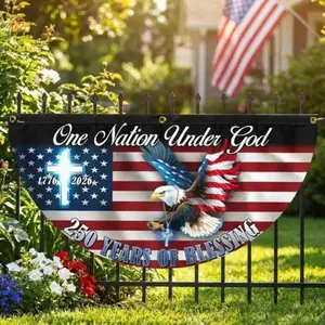 Patriotic Polyester Half-Round Bunting Banner - "1 Nation Under God" American Flag Eagle Design, 18x36/36x72 in, 4th of July Independence Day Porch Fence Railing Decor, Weatherproof Outdoor Home Supply