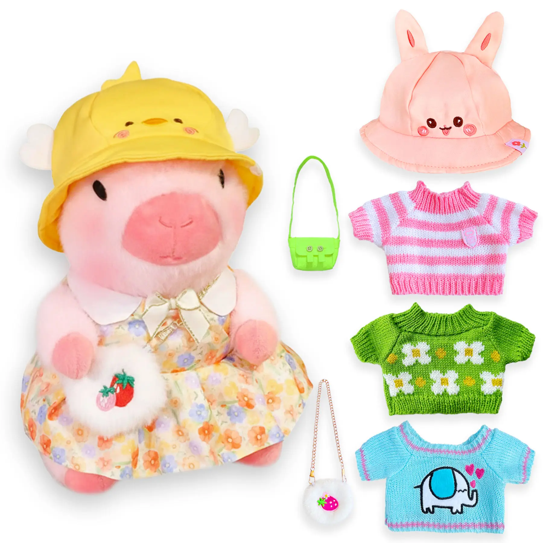 10.2" decorative collectible accessory Capybara Plush gifts with 8/9 Outfit Pieces (2 Hats, 4 Sweaters, 3 Bags) Cute Stuffed Animal unique Gift