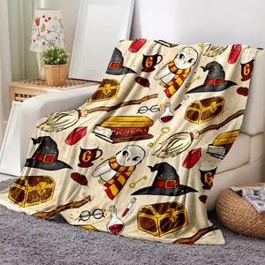 Harry Potter Pattern Flannel Blanket, 1 Count Halloween Decor Soft Warm Nap Throw Blanket with Storage Bag, Napping Blanket for Home Office Travel Camping Living Room Sofa Chair Bed, Halloween Accessories, Bedroom Decor for Christmas Gift