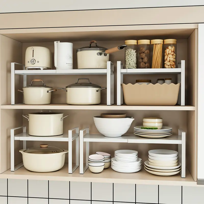 Expandable Metal Adjustable Kitchen Cabinet Shelf, Multi-Layered Organizer, Pot Rack, Adjustable Racks, Under Sink Storage for Home Kitchen Supplies and Utensils, Adjustable Height Storage