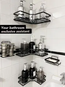 Easter 2026 Corner Caddy Shower Storage black 5-Piece Set Self-Adhesive Stainless Steel Shelf No Drilling Required Rust-Resistant Bathroom Decor Accessories Shampoo Body Wash Basket Large Capacity Hollow Round Design Apartment Essentials / Dorm
