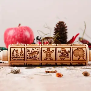 13.7inch Deep Laser Engraved Wooden Embossing Rolling Pin, 20 Christmas Patterns, Cookie Stamp Tool, Cake Baking, Clay Art, Kitchen Baking Tools