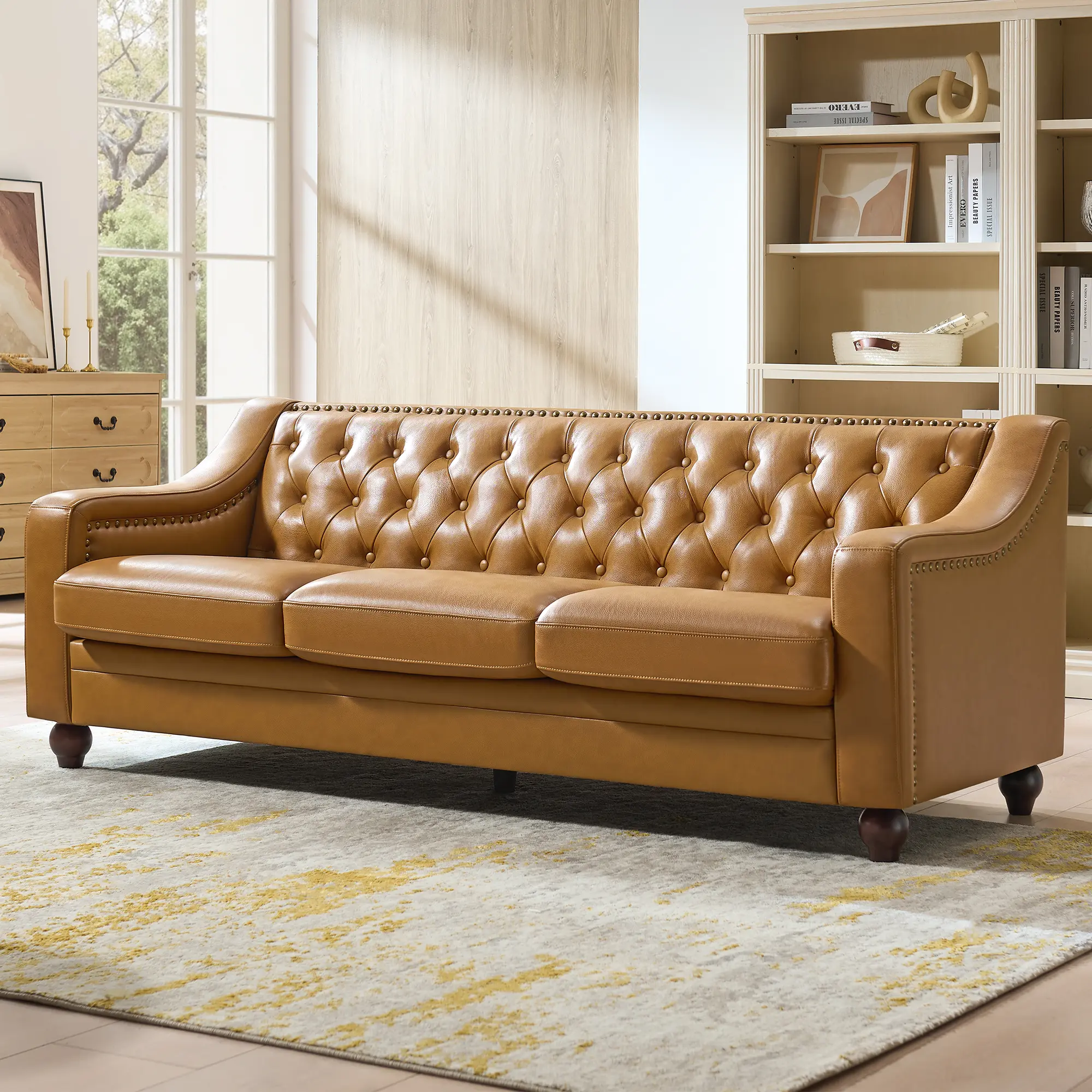 VanAcc 80" Leather Sofa, Modern Chesterfield Genuine Leather Sofa, Tufted 3 Seater Leather Couch with Curved Arms, Leather Couches for Living Room