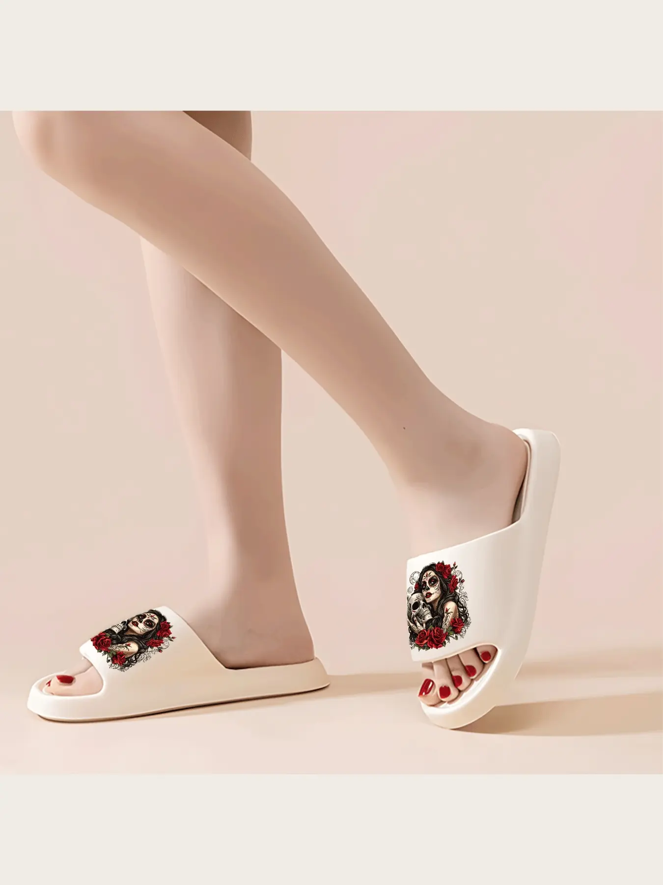 Women's Day of the Dead Sugar Skull Slippers with Red Roses Art Print Non-Slip Indoor Shoes Comfortable Soft Sole Casual Home Footwear Gothic Mexican Culture Inspired Slip-On Shoes for Halloween