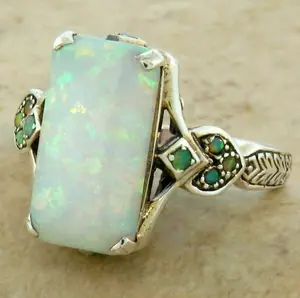 Victorian Style Square White Fire Opal Silver Ring Wedding Rings