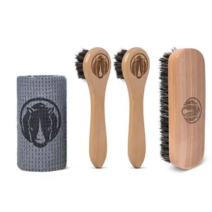 Rhino Wax - Shoe and Boot Brush Kit (4 Pcs) - Soft Horsehair Brush Bristles to Clean, Polish or Shine with no Damage -1 Large and 2 Dauber Brushes