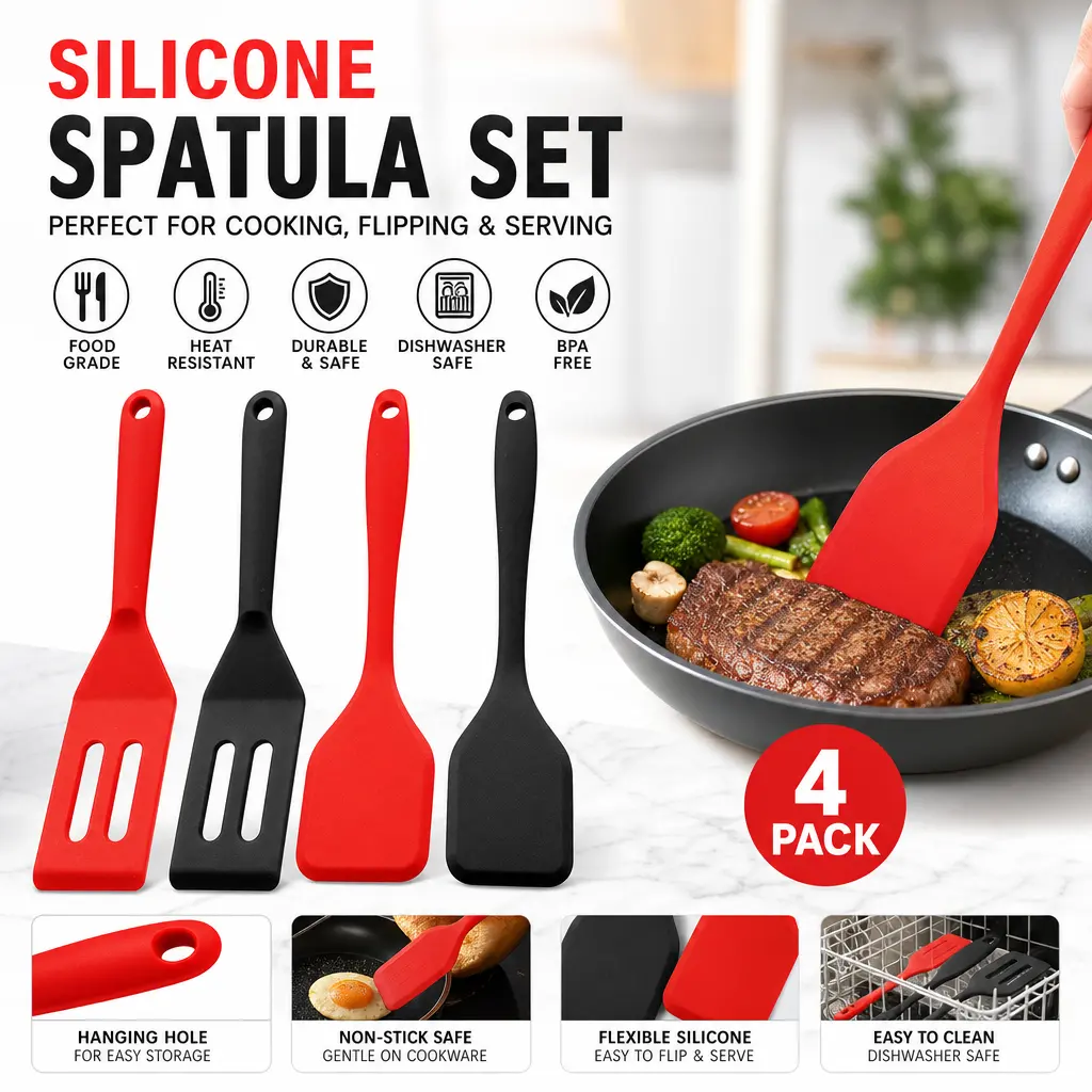 8-Inch Food Grade Mini Silicone Spatula Set - Compact, Durable Anti-Adhesive Heat-Resistant Flexible Tip Carbon Steel Kitchen Utensils with Scoop Function, Cooking Turners for Eggs, Brownies (Red & Black), 8 Inches, Anti-Adhesive Spatulas & Turners