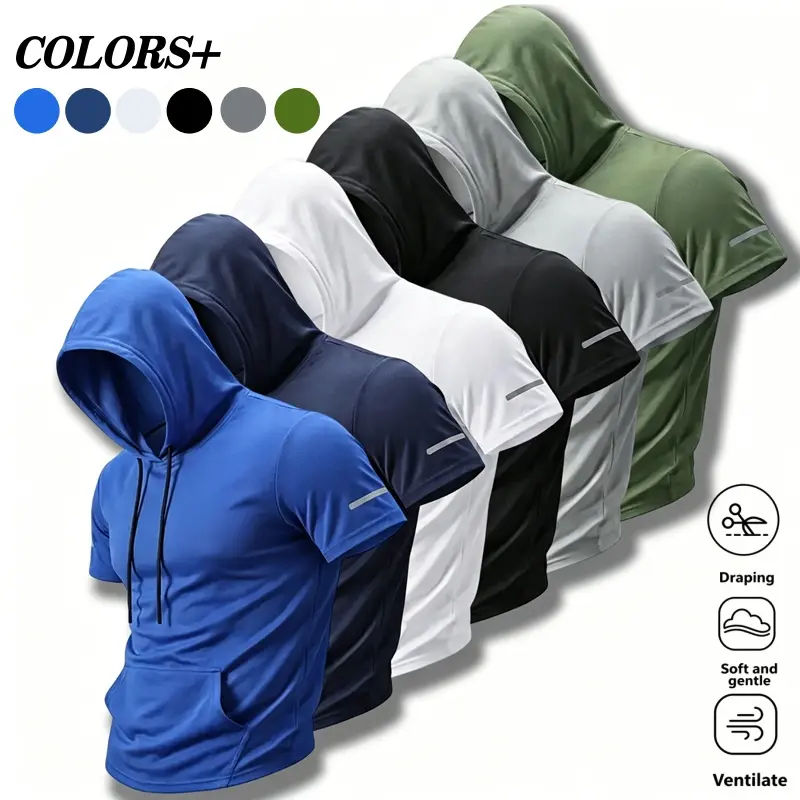 2-pack men’s summer quick-dry short-sleeve hooded sweatshirt; soft, comfortable, breathable hoodie T-shirt with a drapey feel, featuring a drawstring hood, kangaroo pocket, and reflective stripes at the cuffs; available in multiple colors.