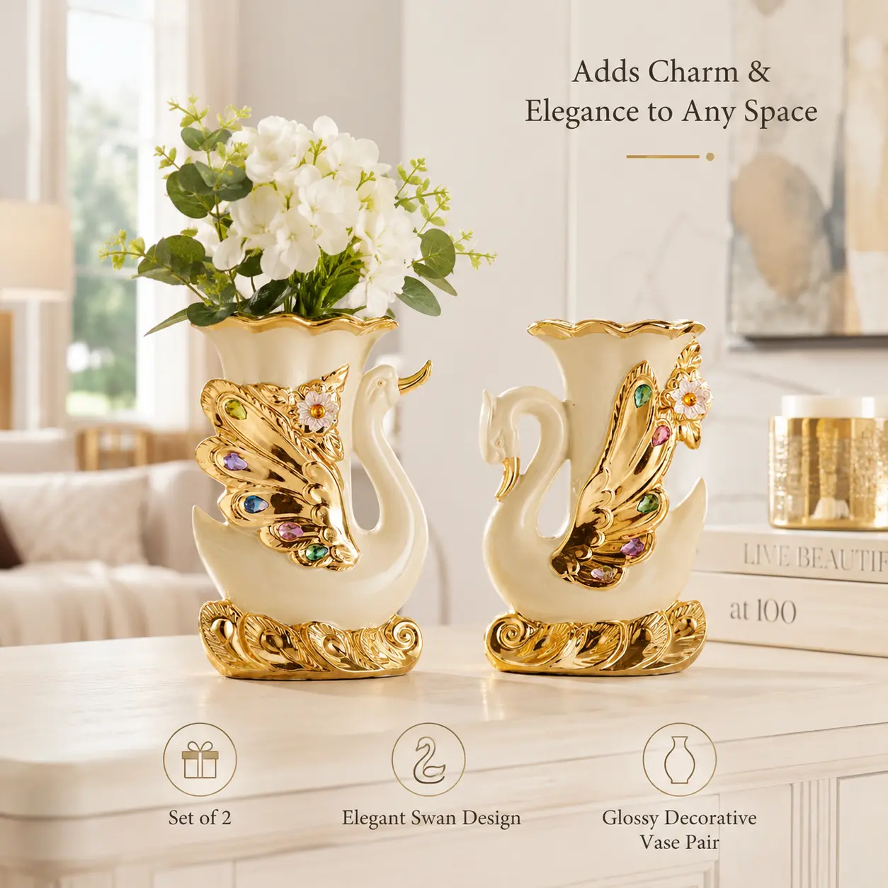 2pcs modern ceramic vase, swan vase Elephant vase Suitable for flowers and fake plants, fake grass, rose petals Suitable for living room, dining table, bedroom, balcony, suitable for Christmas, decorative household products