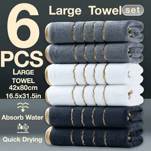 6pcs Luxury Golden-Thread & Golden-Border Embellished Heavyweight Towel Suite - Thick Plush Coral Suitable for Home, Spa, Hotel - & Hand Towels, Christmas Gift, 6pcs Towel Collection, Bath Towel Set
