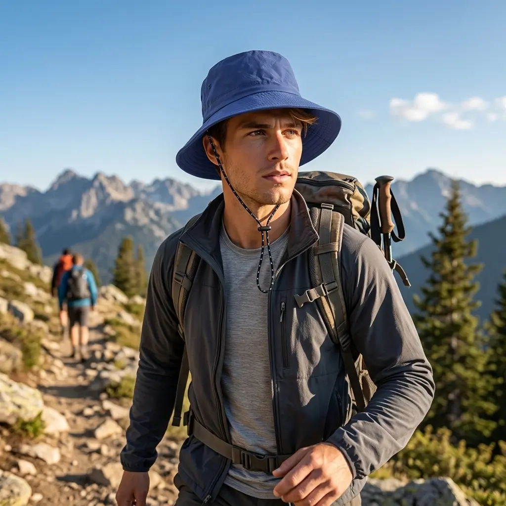 Unisex Outdoor Blue Wide Brim Bucket Hat - Quick Dry Nylon, Flexible Foldable, Packable, Chin Strap for Hiking Fishing, Flexible Foldable Hats