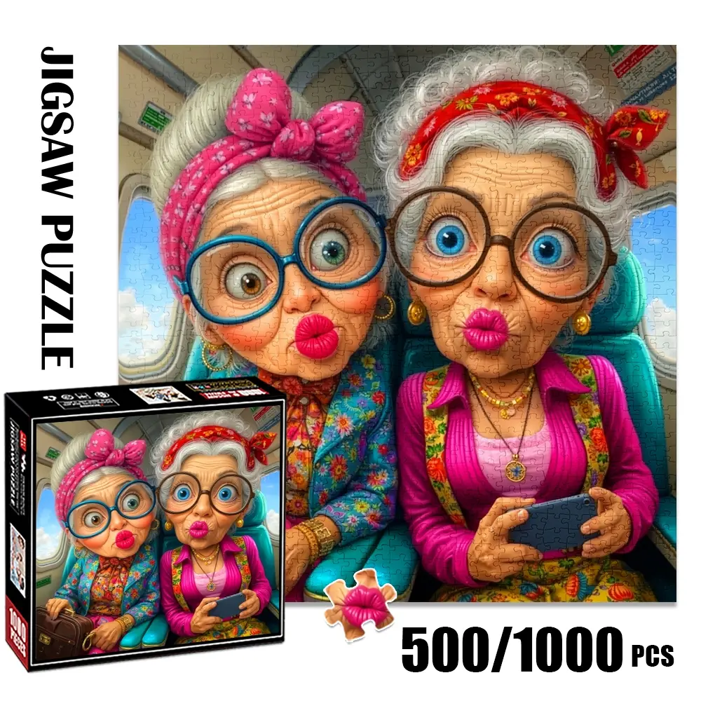 1pc 1000 piece adult puzzle 58x58cm Two Stylish Elderly Women on Airplane with Big - framed Glasses and Colorful Outfits 500 pieces of paper puzzle, suitable for adults and families, large-scale
