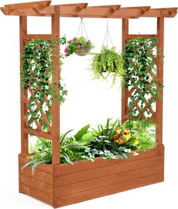 VINGLI Raised Garden Bed with Trellis & Hanging Roof, Wooden Garden Bed, Outdoor Planter Box for Yard, Garden, Balcony