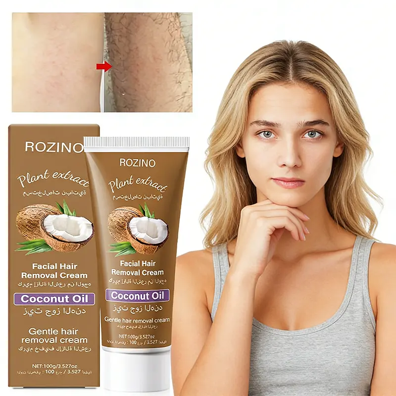 ROZINO Coconut Oil Gentle Hair Removal Cream - Painless, 100g, Silky Smooth for Underarm, Limbs - All-Body Body Care Cosmetic, Facial Hair Removal
