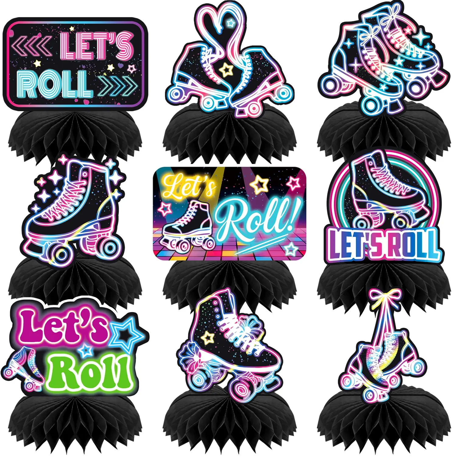 9Pcs Roller Skating Honeycomb Centerpieces, Neon Retro Roller Skate Party Decorations, Let's Roll Theme Desktop Ornaments for 80s 90s Disco Birthday Party Supplies